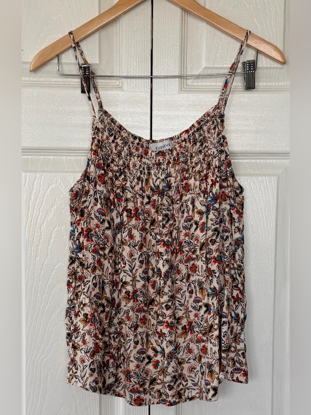 Evereve Cream Floral Smocked Spaghetti-Strap Camisole with Red and Blue Accents